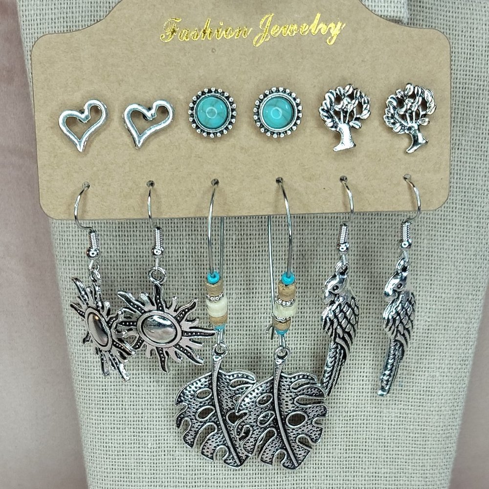 Vintage Boho Style Sun & Tree of Life Earring Set